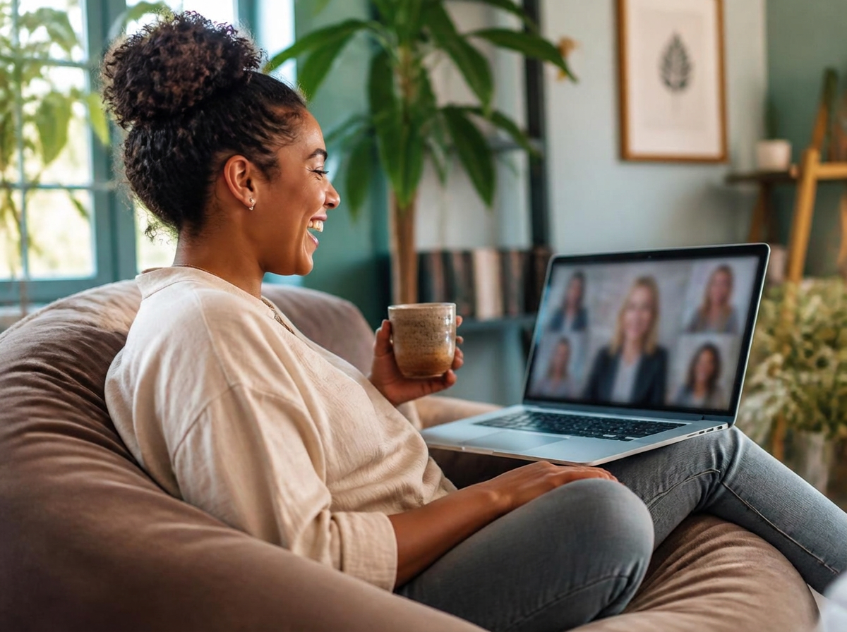 A woman laughing while looking at her laptop screen, holding a pottery cup, as she joins a small online group led by her coach